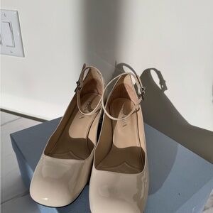 Prada Cream Patent Square-Toe Ankle-Strap Pumps